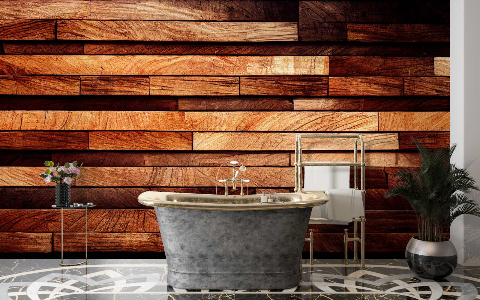 Fototapet perete din lemn asamblat din grinzi