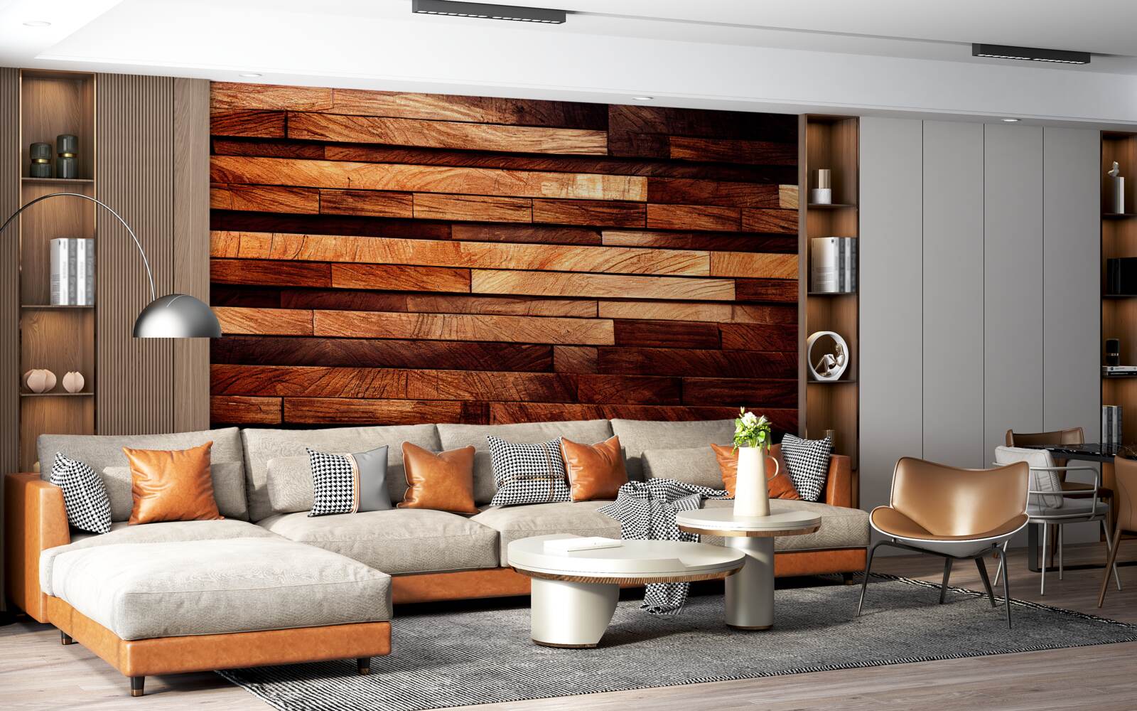 Fototapet perete din lemn asamblat din grinzi