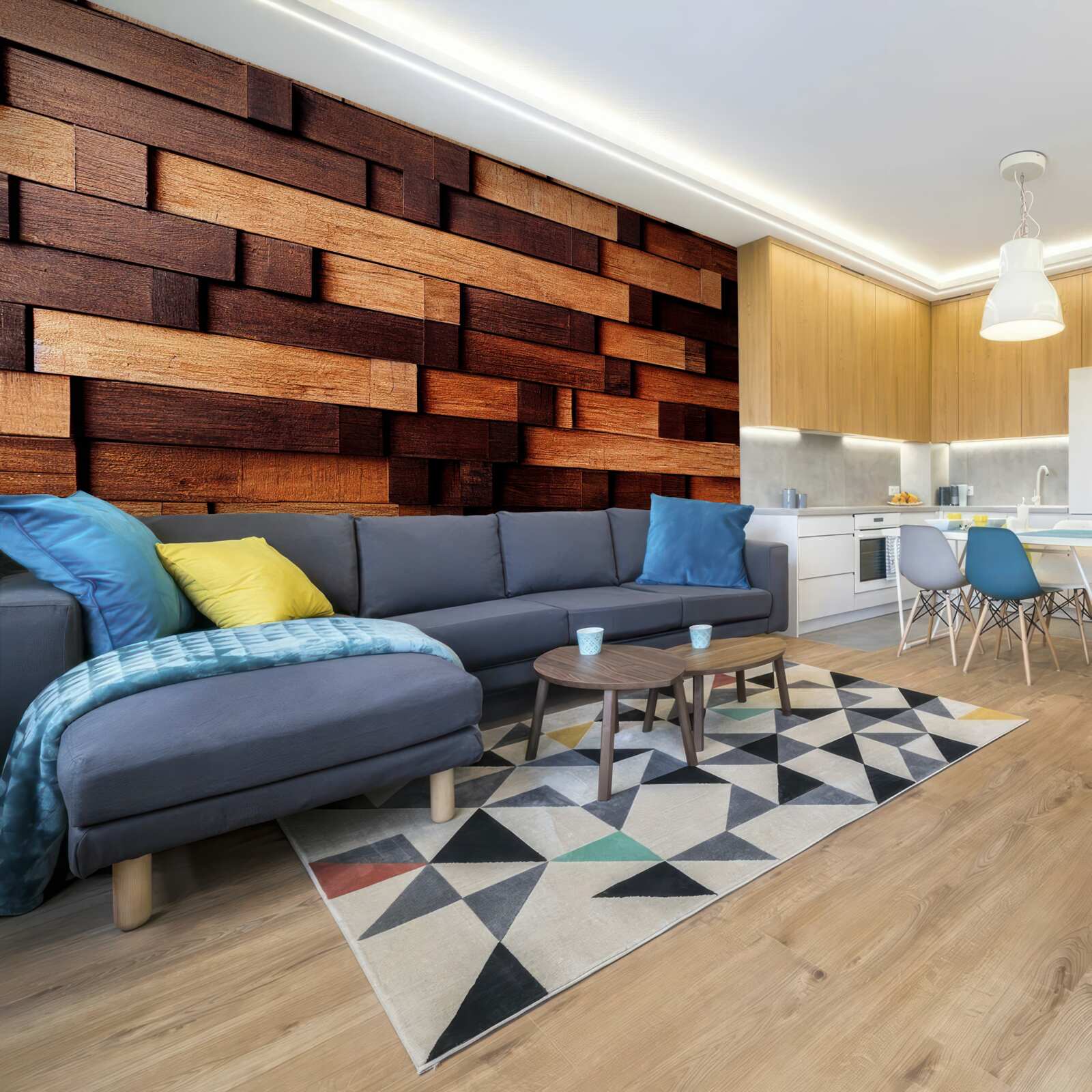 Fototapet Perete asamblat din grinzi de lemn în nuanțe de maro închis și maro deschis