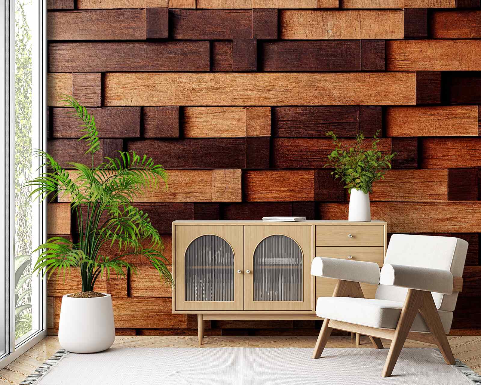 Fototapet Perete asamblat din grinzi de lemn în nuanțe de maro închis și maro deschis