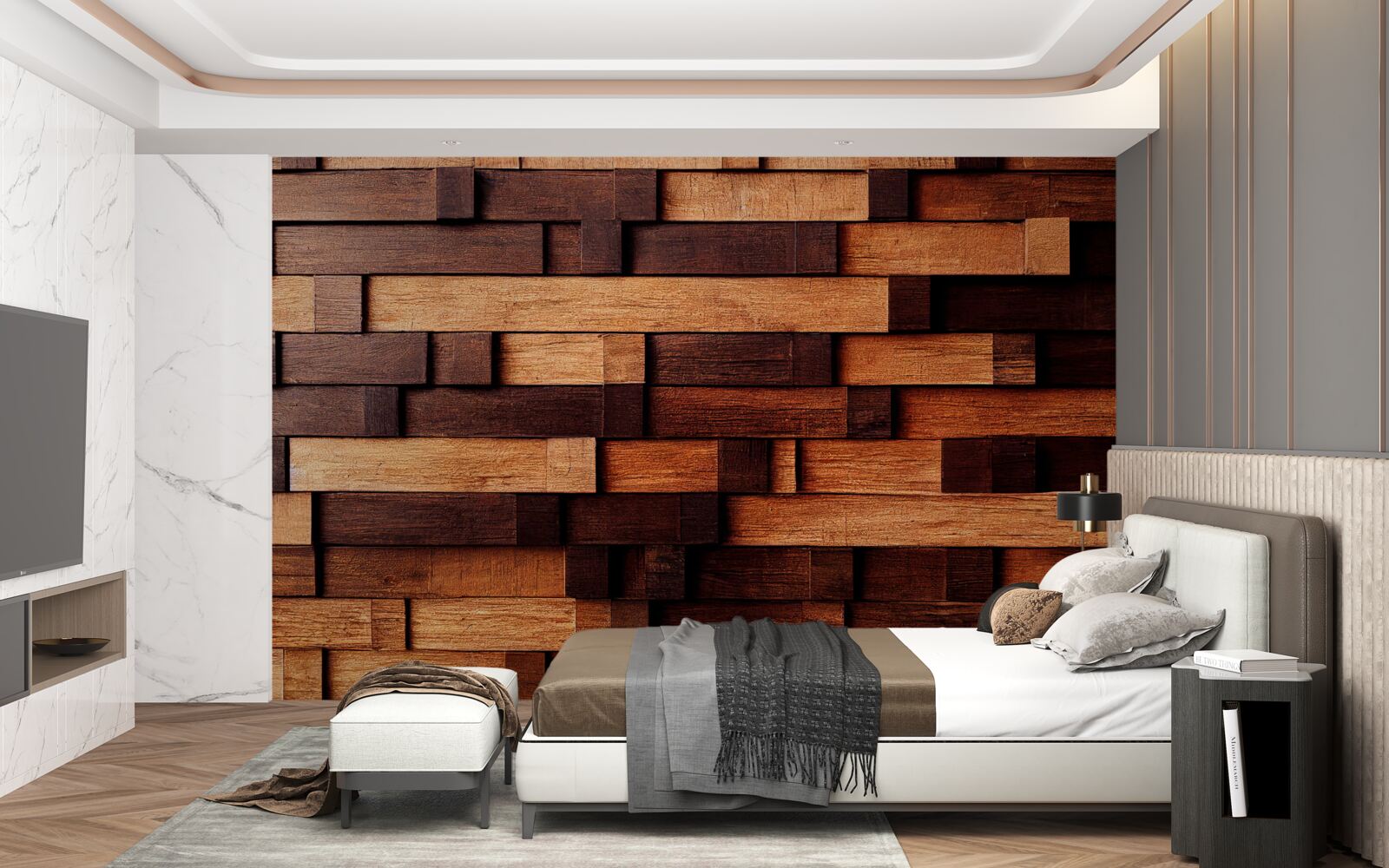 Fototapet Perete asamblat din grinzi de lemn în nuanțe de maro închis și maro deschis