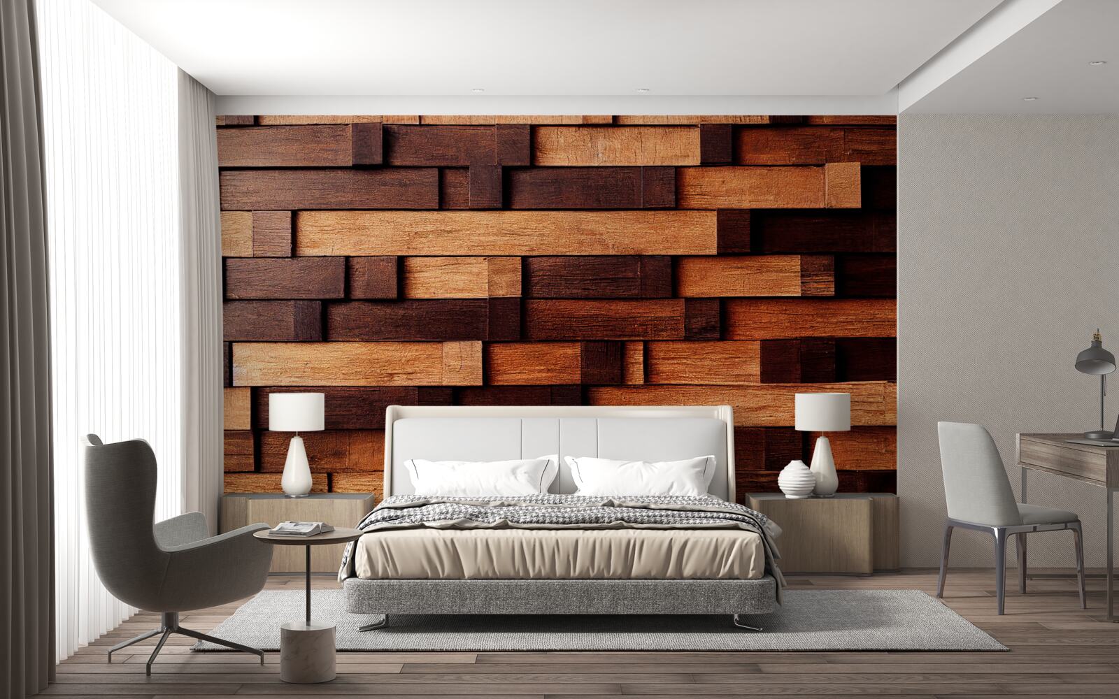 Fototapet Perete asamblat din grinzi de lemn în nuanțe de maro închis și maro deschis