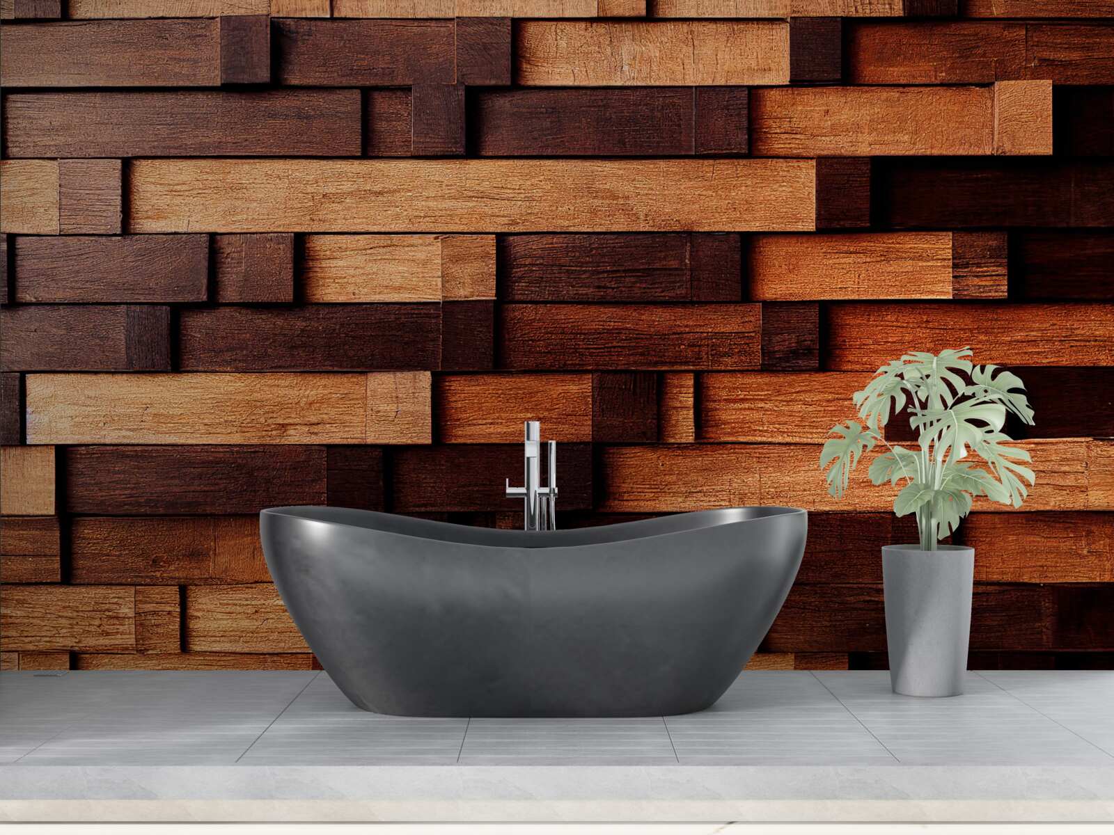 Fototapet Perete asamblat din grinzi de lemn în nuanțe de maro închis și maro deschis