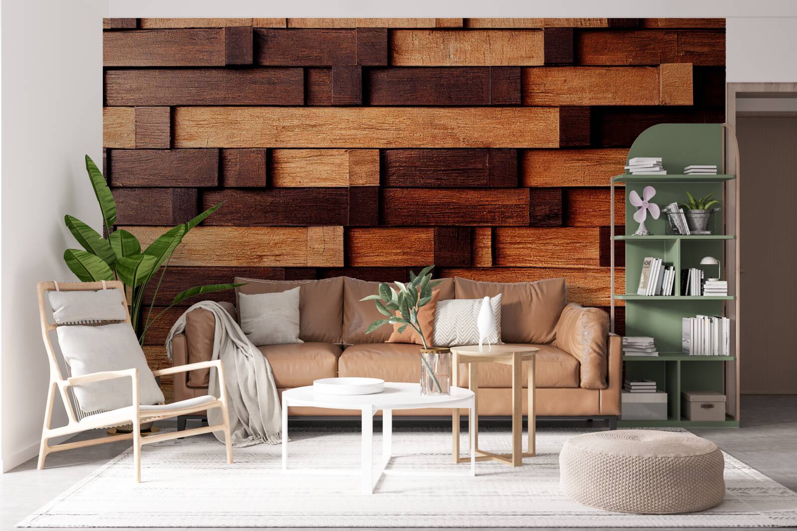 Fototapet Perete asamblat din grinzi de lemn în nuanțe de maro închis și maro deschis