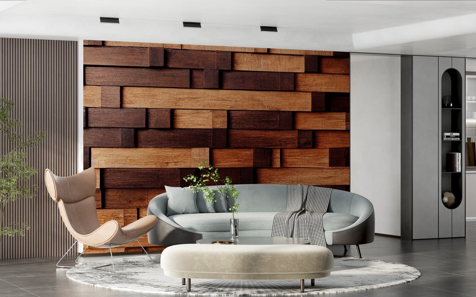 Fototapet Perete asamblat din grinzi de lemn în nuanțe de maro închis și maro deschis