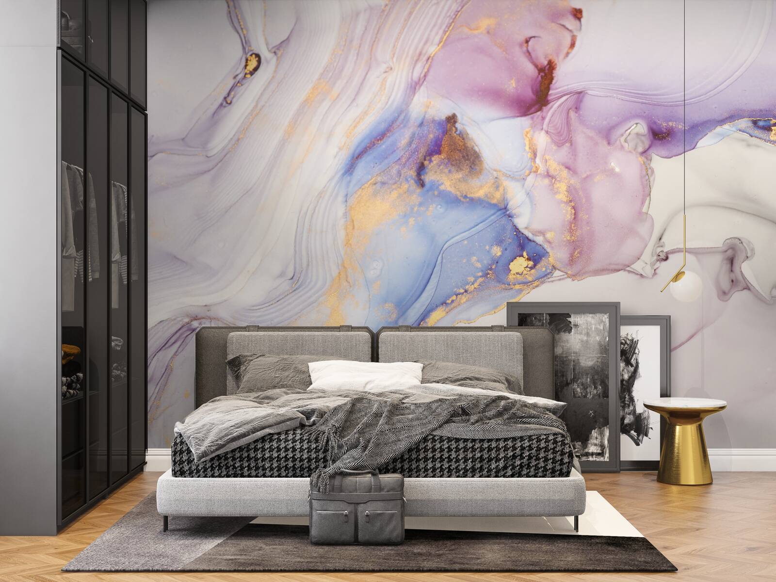 Fototapet fundal de marmură cu abajur pat acuarelă