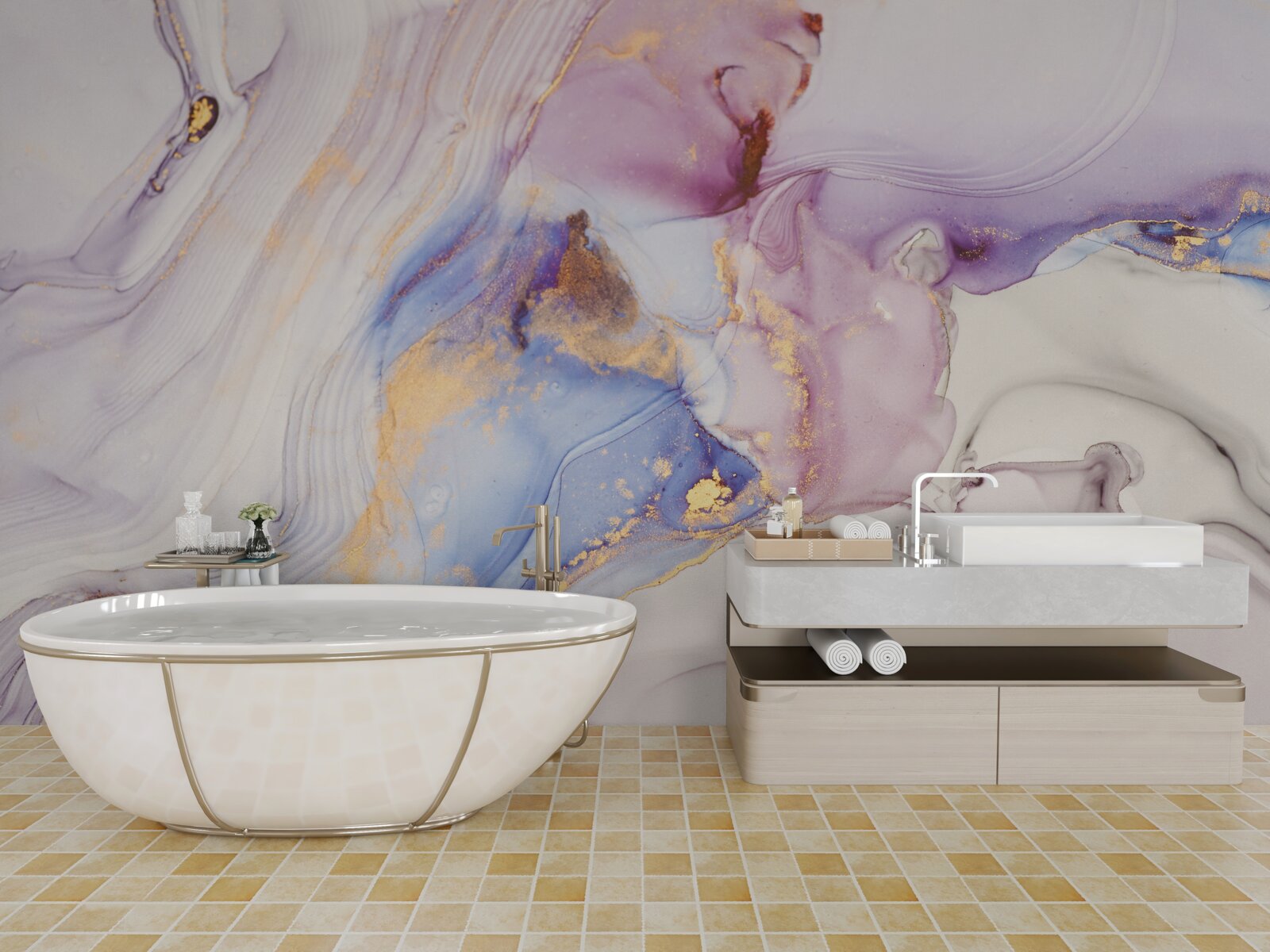 Fototapet fundal de marmură cu abajur pat acuarelă