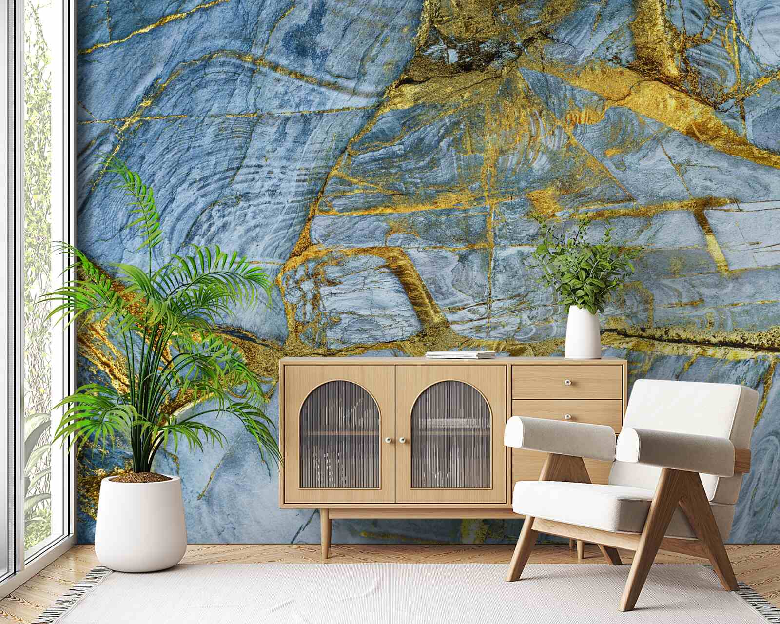 Fototapet tăiat cu nuanțe aurii pe un fundal albastru