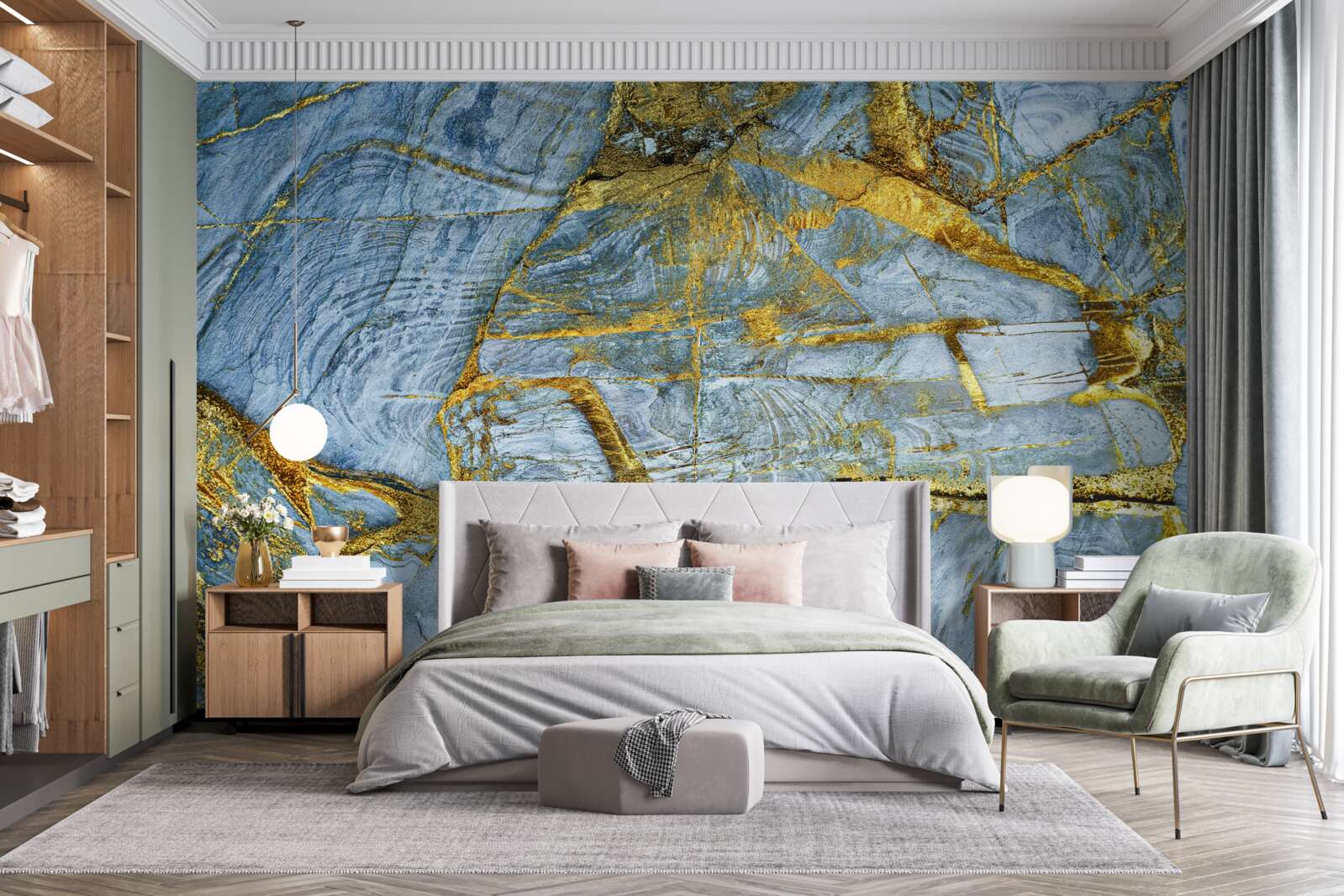 Fototapet tăiat cu nuanțe aurii pe un fundal albastru