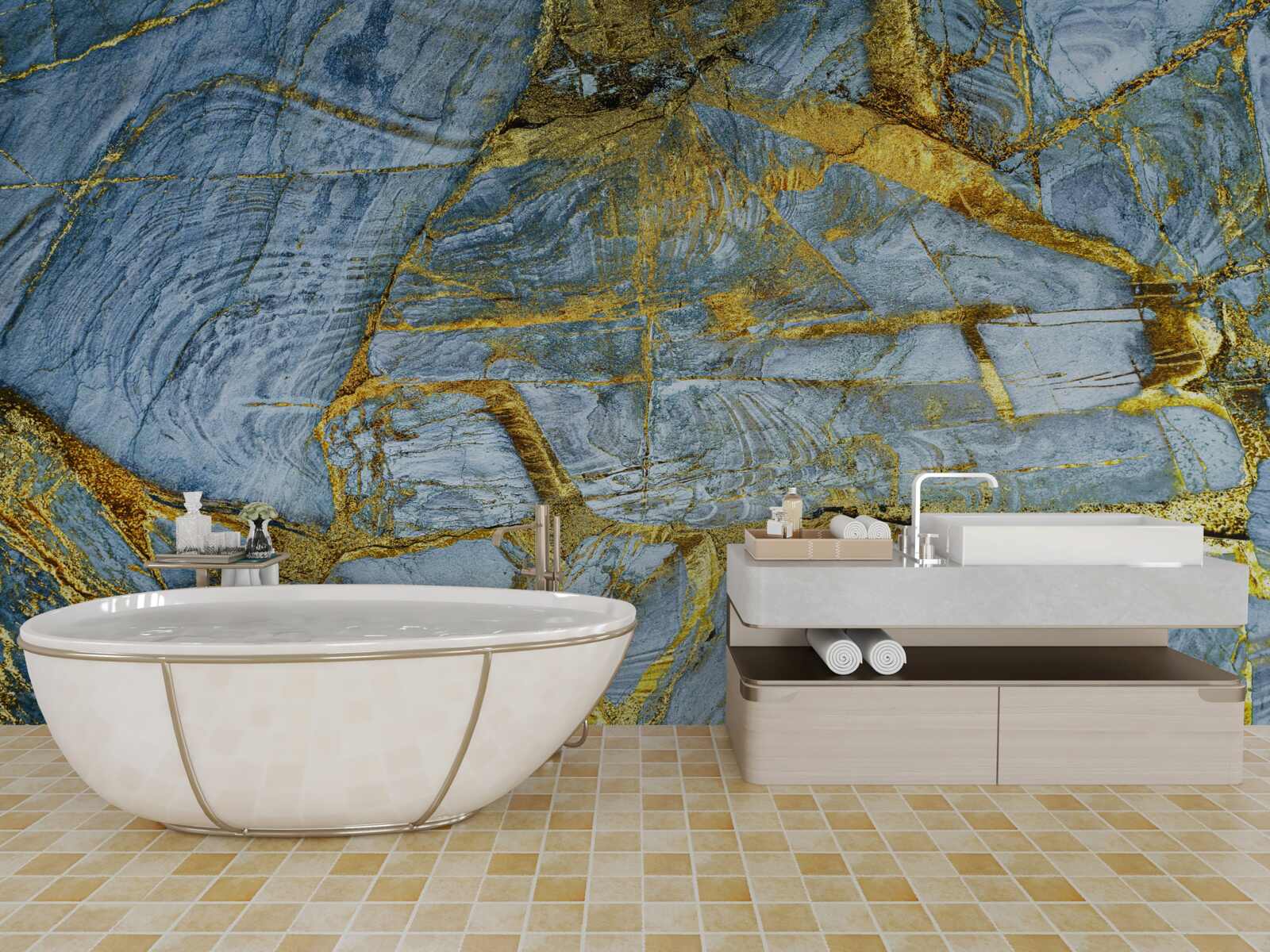 Fototapet tăiat cu nuanțe aurii pe un fundal albastru