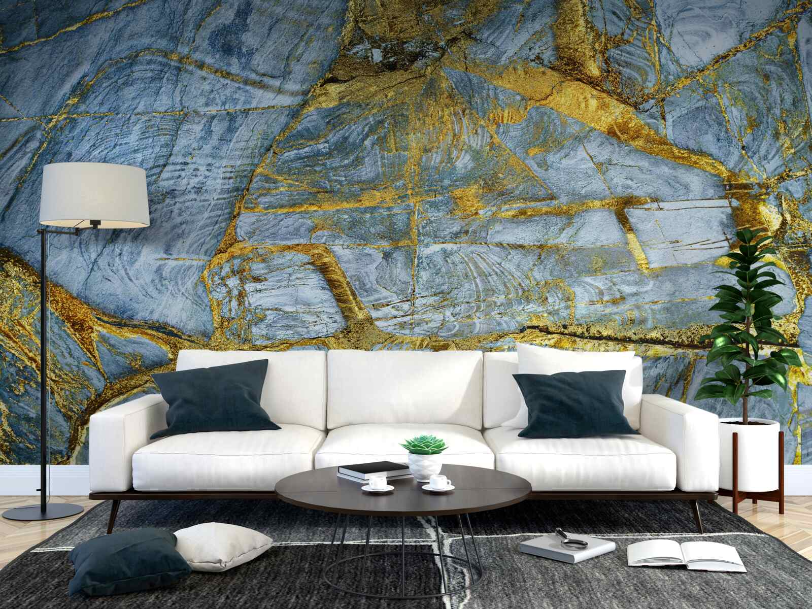 Fototapet tăiat cu nuanțe aurii pe un fundal albastru