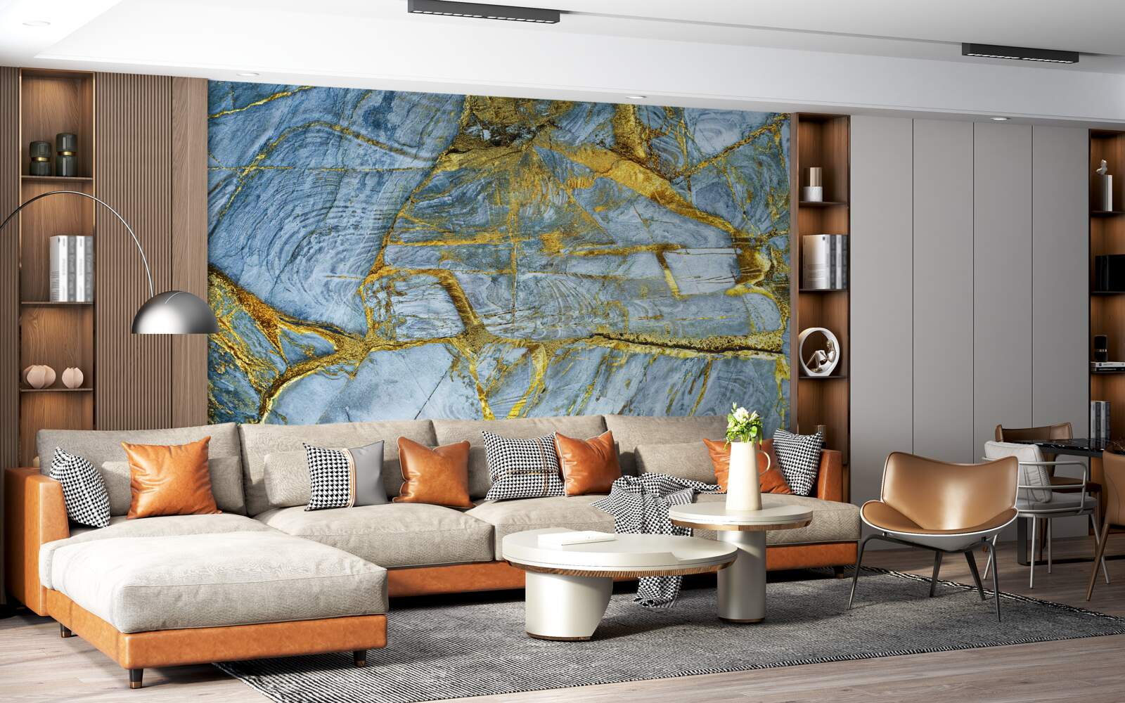 Fototapet tăiat cu nuanțe aurii pe un fundal albastru