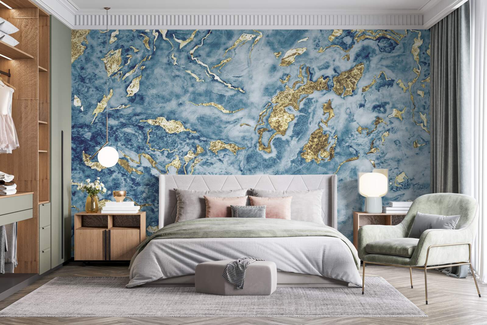 Fototapet marmură albastră cu nervuri aurii