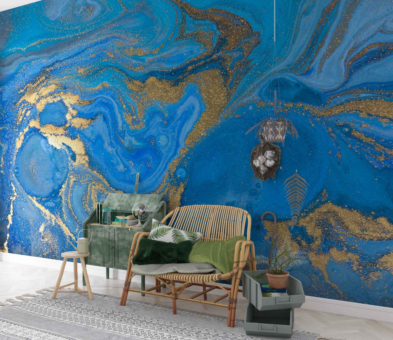 Fototapet albastru și auriu în stil marmură