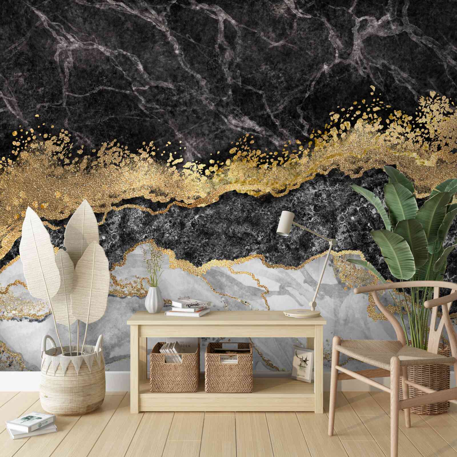 Fototapet marmură cu aur pe un fundal negru