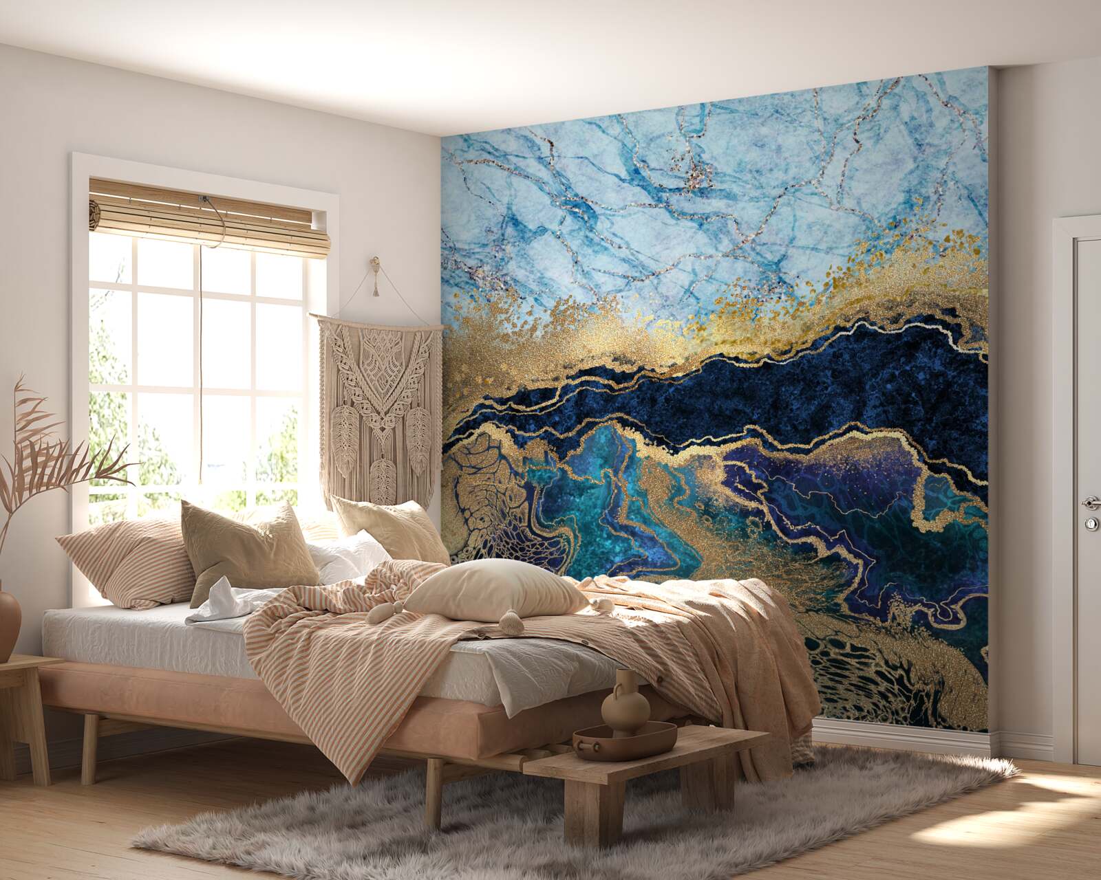 Fototapet marmură albastră de lux cu nervuri aurii