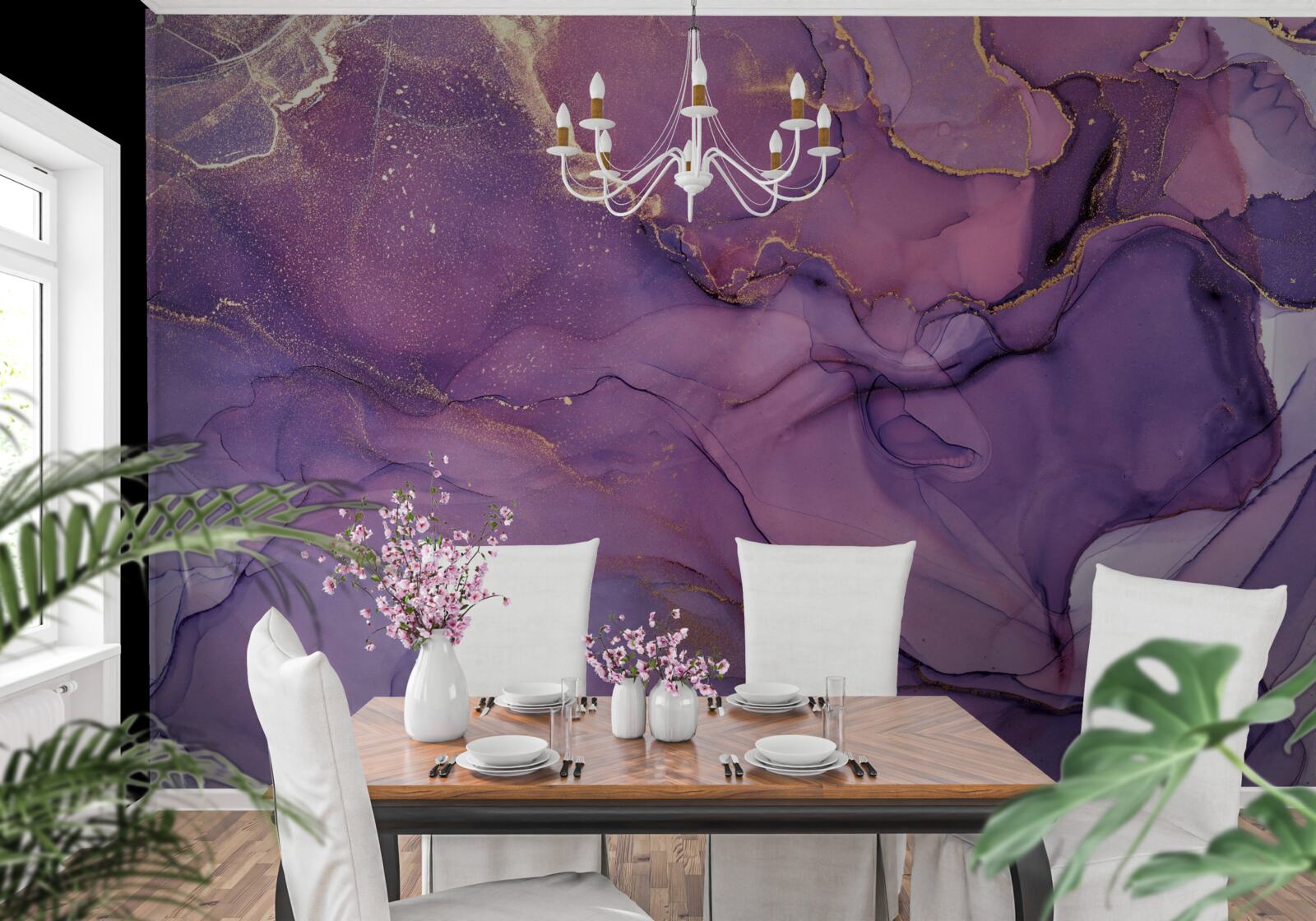 Fototapet fundal de marmură lila cu elemente aurii