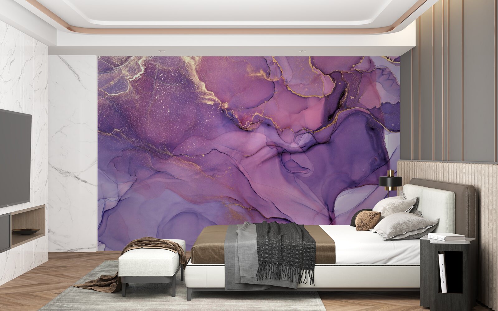 Fototapet fundal de marmură lila cu elemente aurii