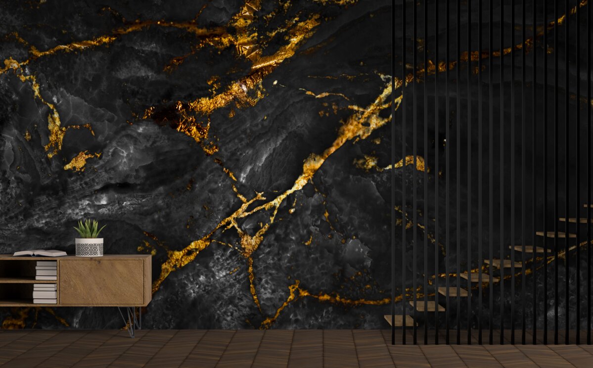Fototapet marmură neagră cu nervuri aurii