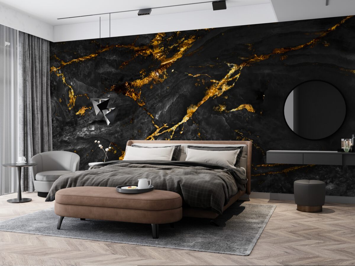 Fototapet marmură neagră cu nervuri aurii