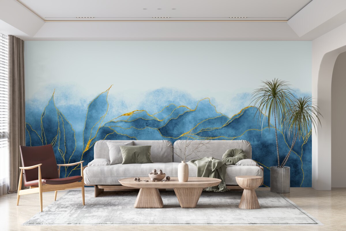 Fototapet frunze de acuarelă în nuanțe de albastru