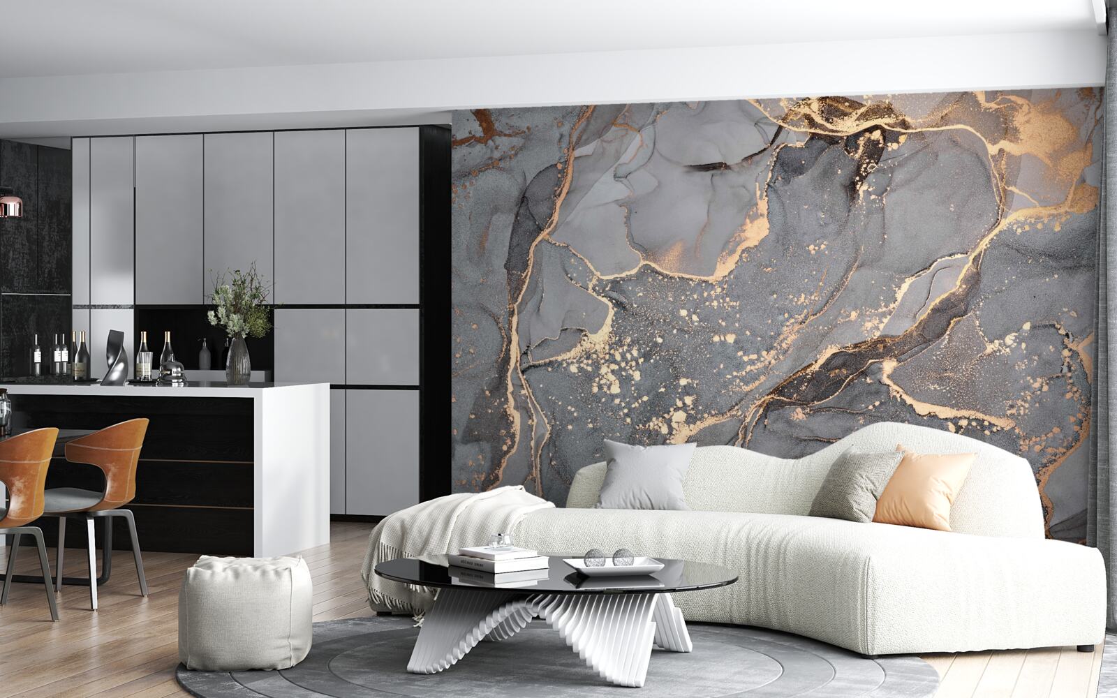 Fototapet creație abstractă de acuarelă în nuanțe de gri și auriu