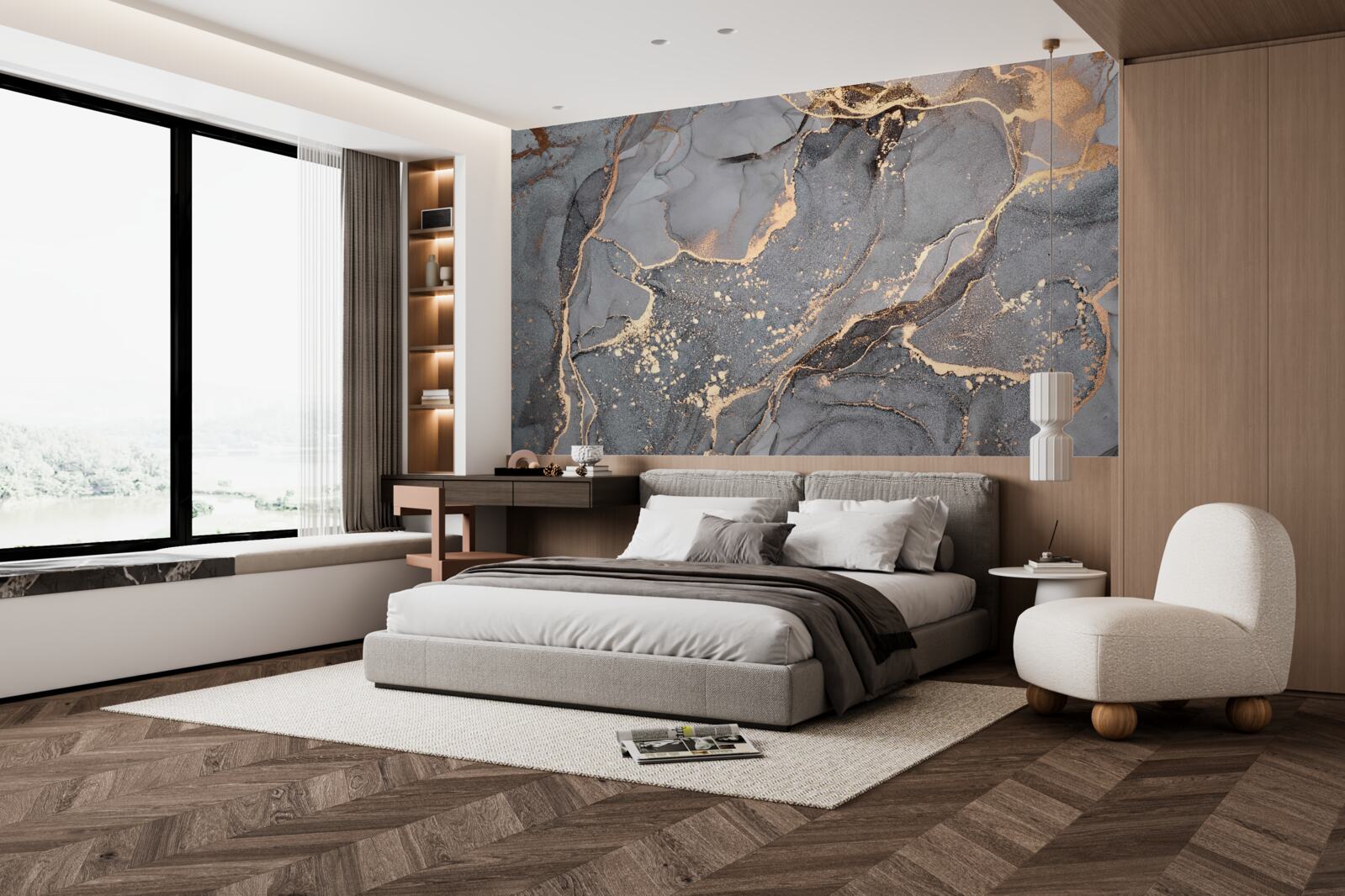 Fototapet creație abstractă de acuarelă în nuanțe de gri și auriu