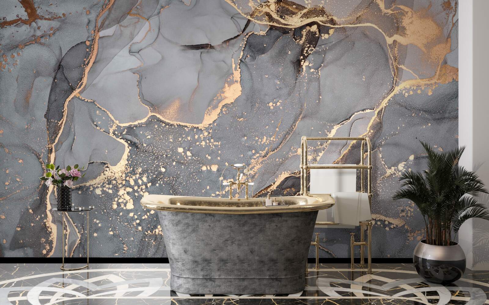 Fototapet creație abstractă de acuarelă în nuanțe de gri și auriu