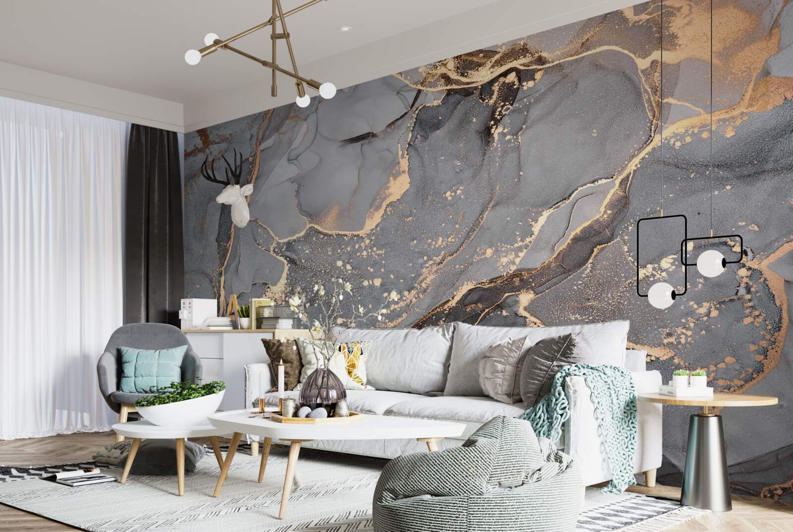 Fototapet creație abstractă de acuarelă în nuanțe de gri și auriu