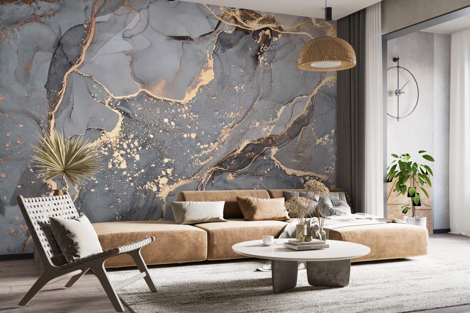 Fototapet creație abstractă de acuarelă în nuanțe de gri și auriu