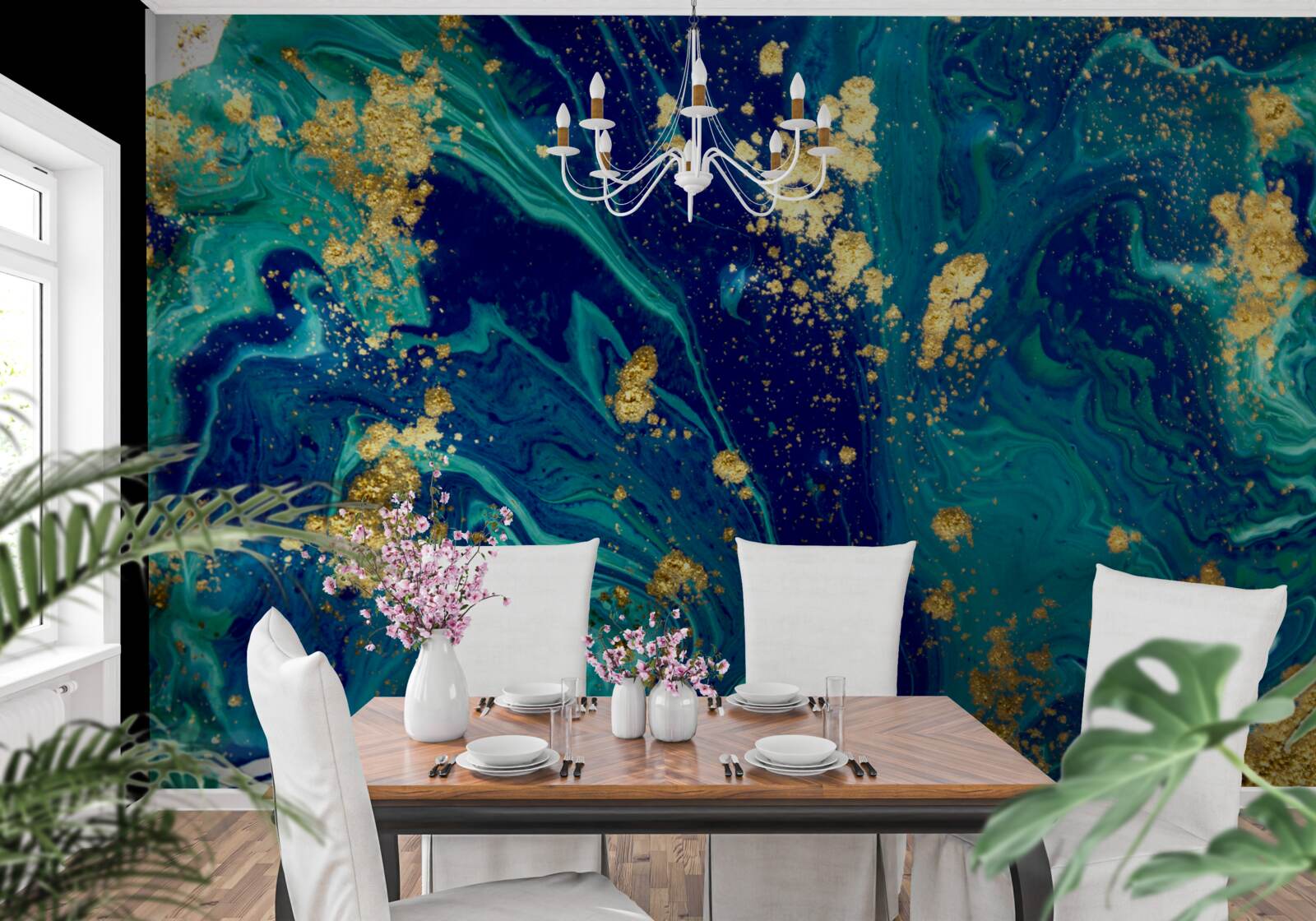 Fototapet fundal uluitor în tonuri de albastru închis și auriu