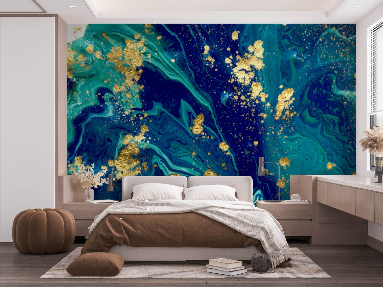 Fototapet fundal uluitor în tonuri de albastru închis și auriu