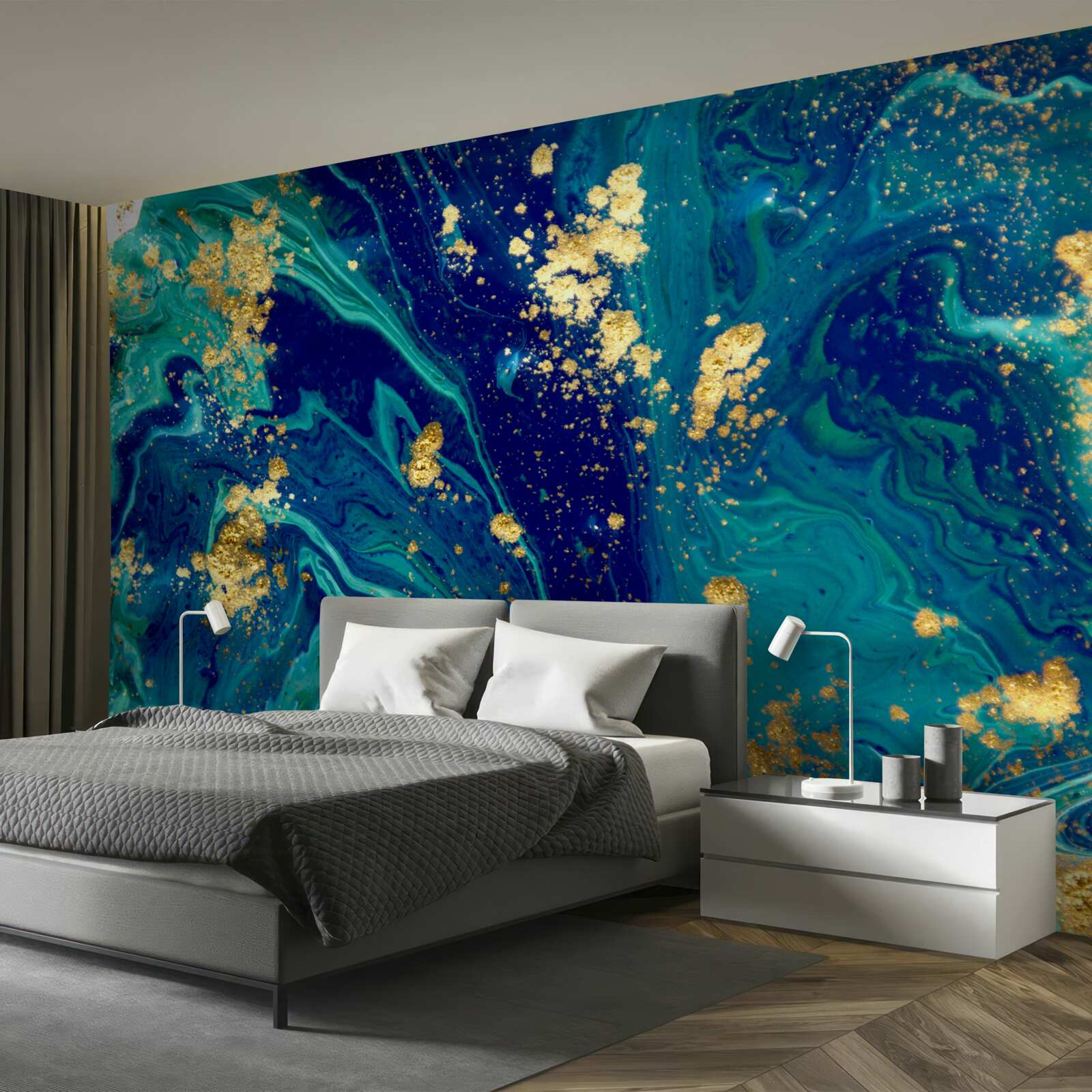 Fototapet fundal uluitor în tonuri de albastru închis și auriu