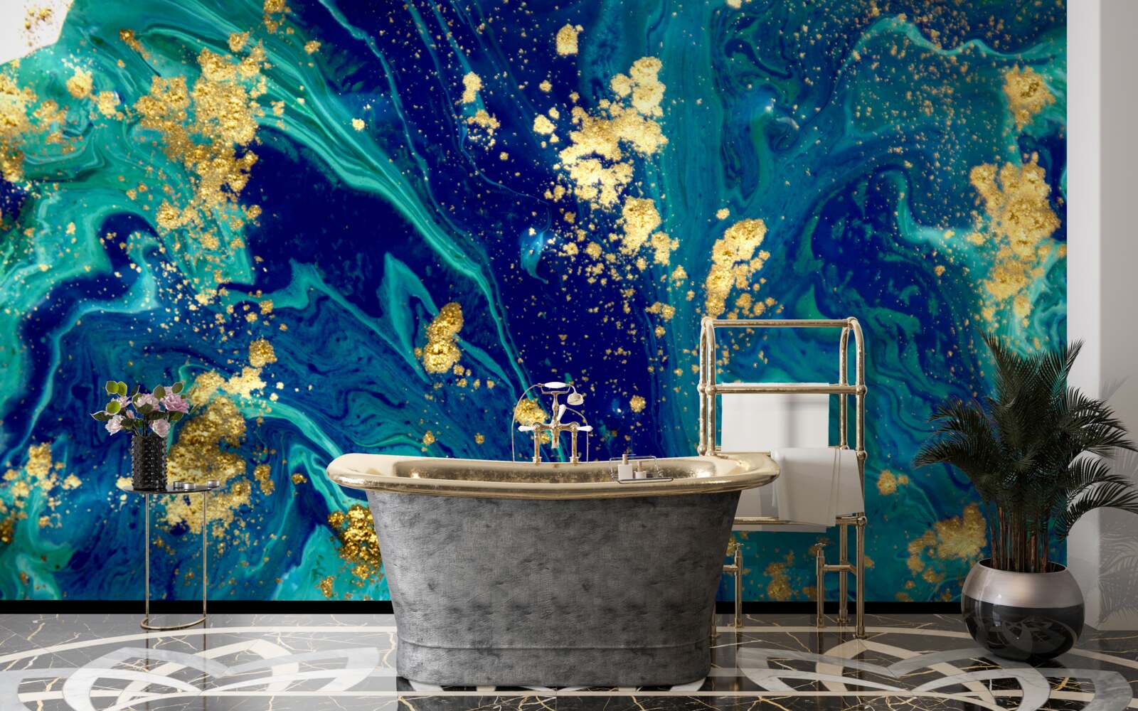 Fototapet fundal uluitor în tonuri de albastru închis și auriu