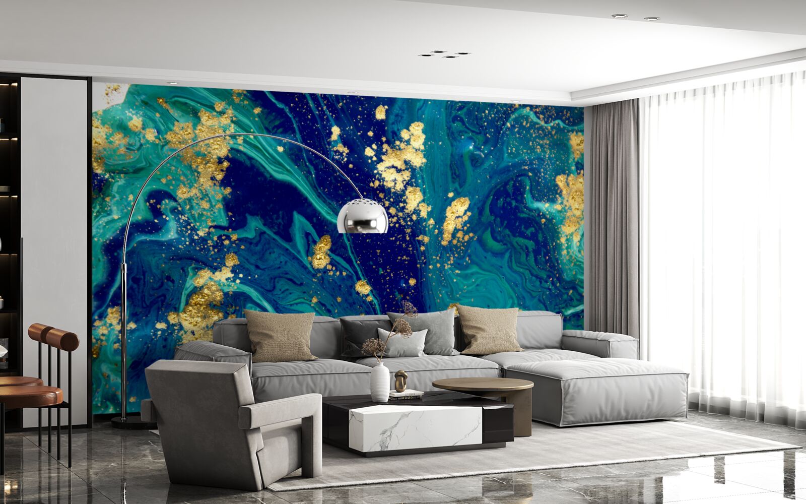 Fototapet fundal uluitor în tonuri de albastru închis și auriu