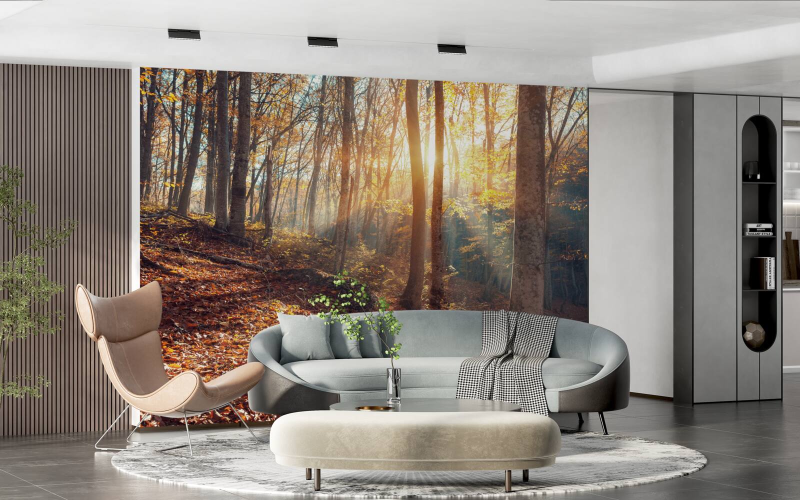 Fototapet dimineața, pădurea învăluită în ceață simte căldura soarelui