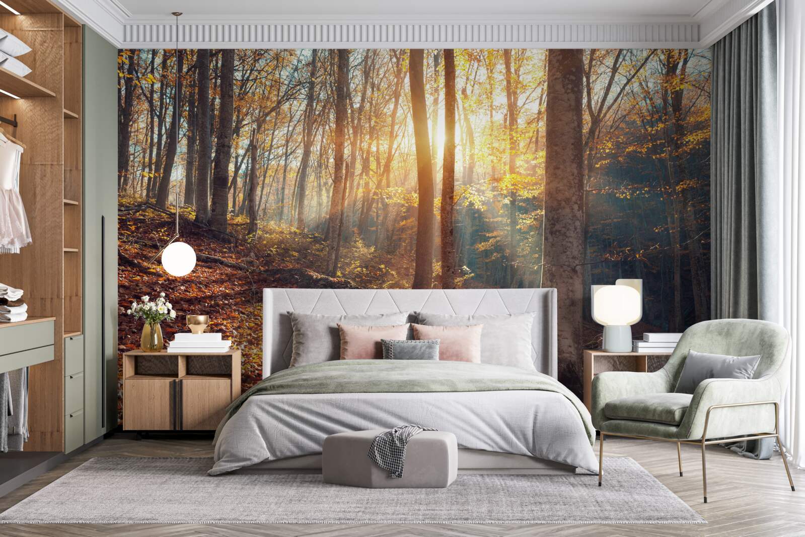 Fototapet dimineața, pădurea învăluită în ceață simte căldura soarelui