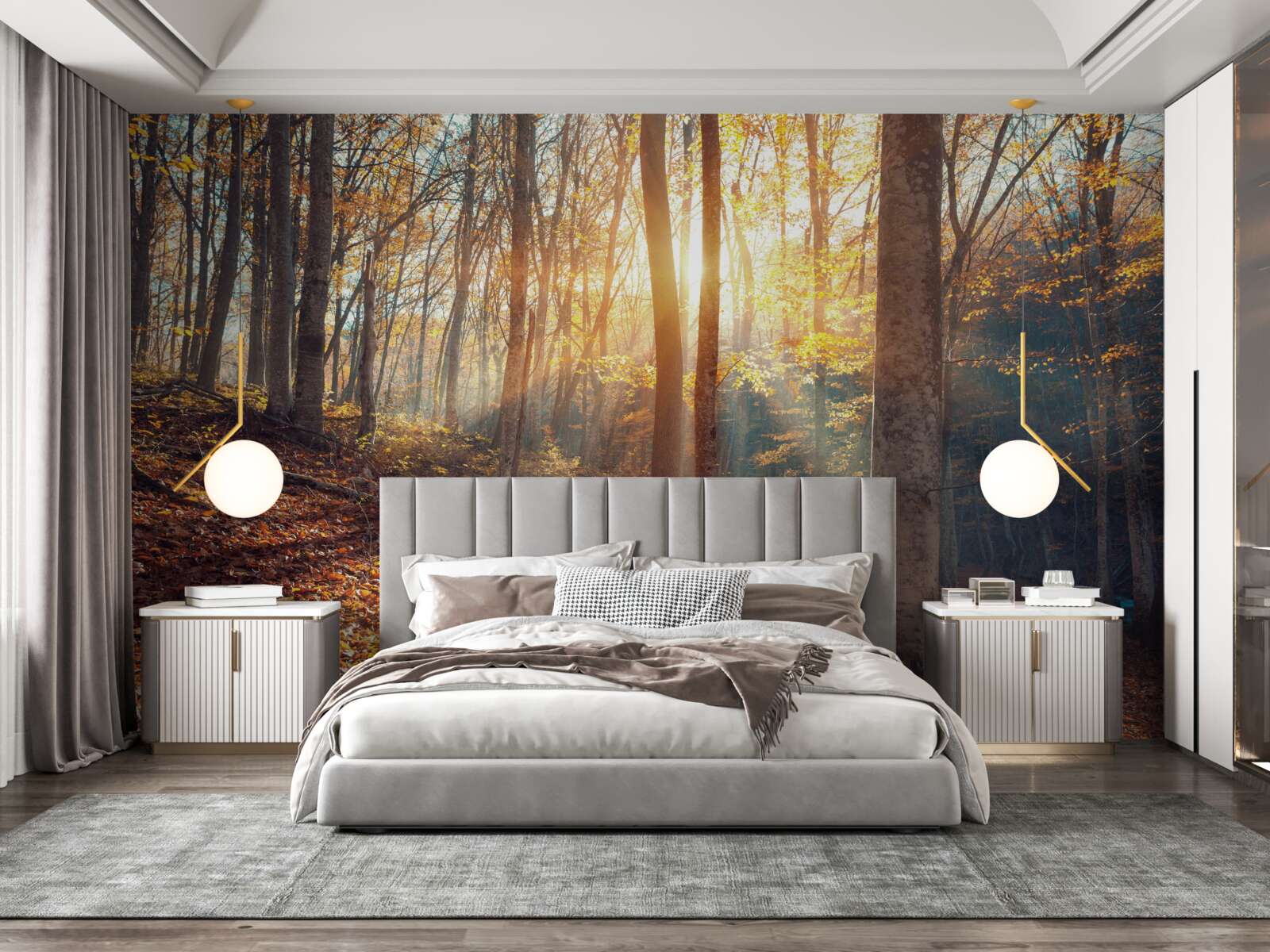 Fototapet dimineața, pădurea învăluită în ceață simte căldura soarelui