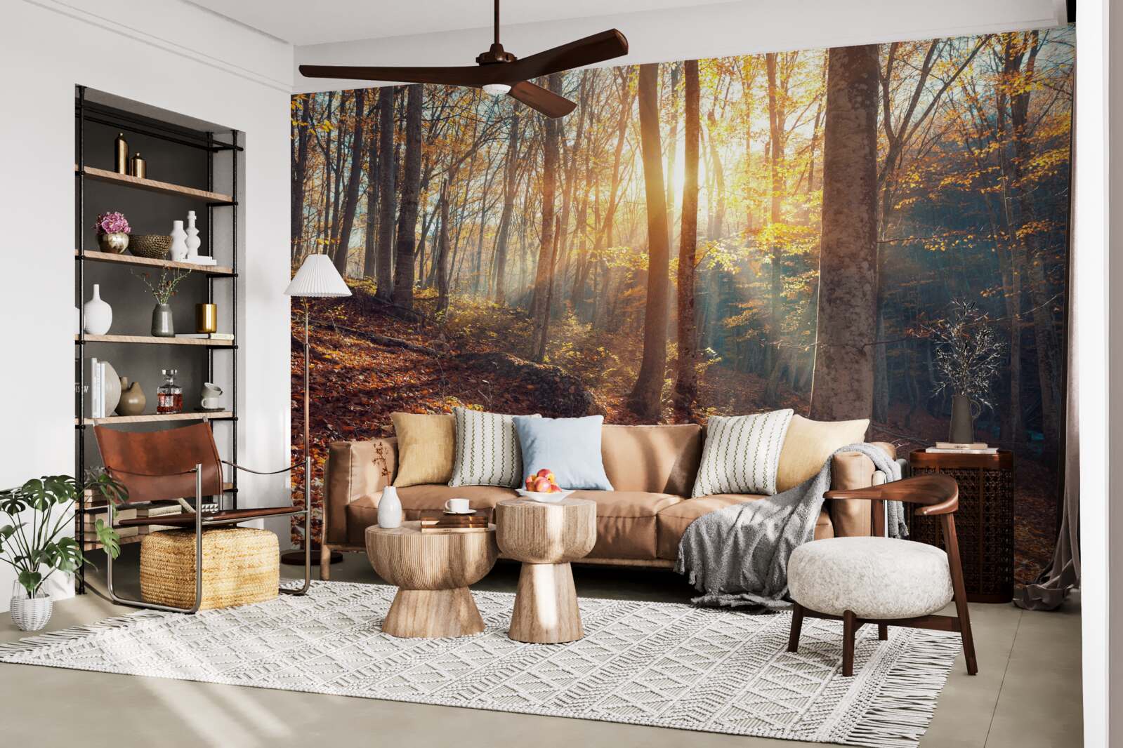 Fototapet dimineața, pădurea învăluită în ceață simte căldura soarelui