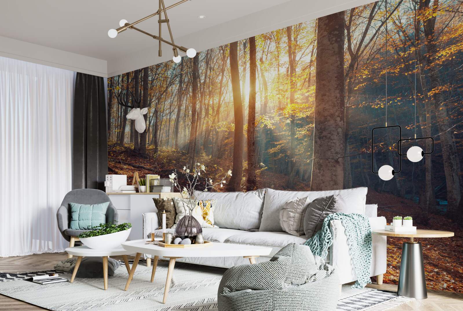 Fototapet dimineața, pădurea învăluită în ceață simte căldura soarelui