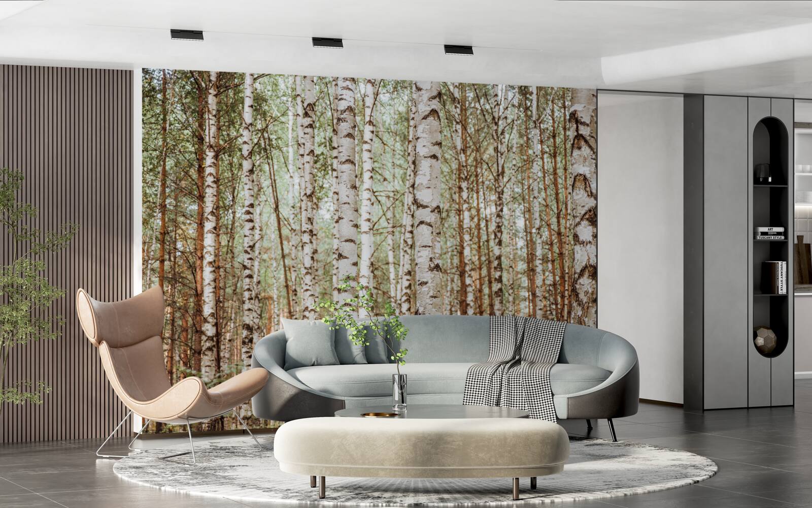 Fototapet mesteceni de sanie stau într-o pădure verde