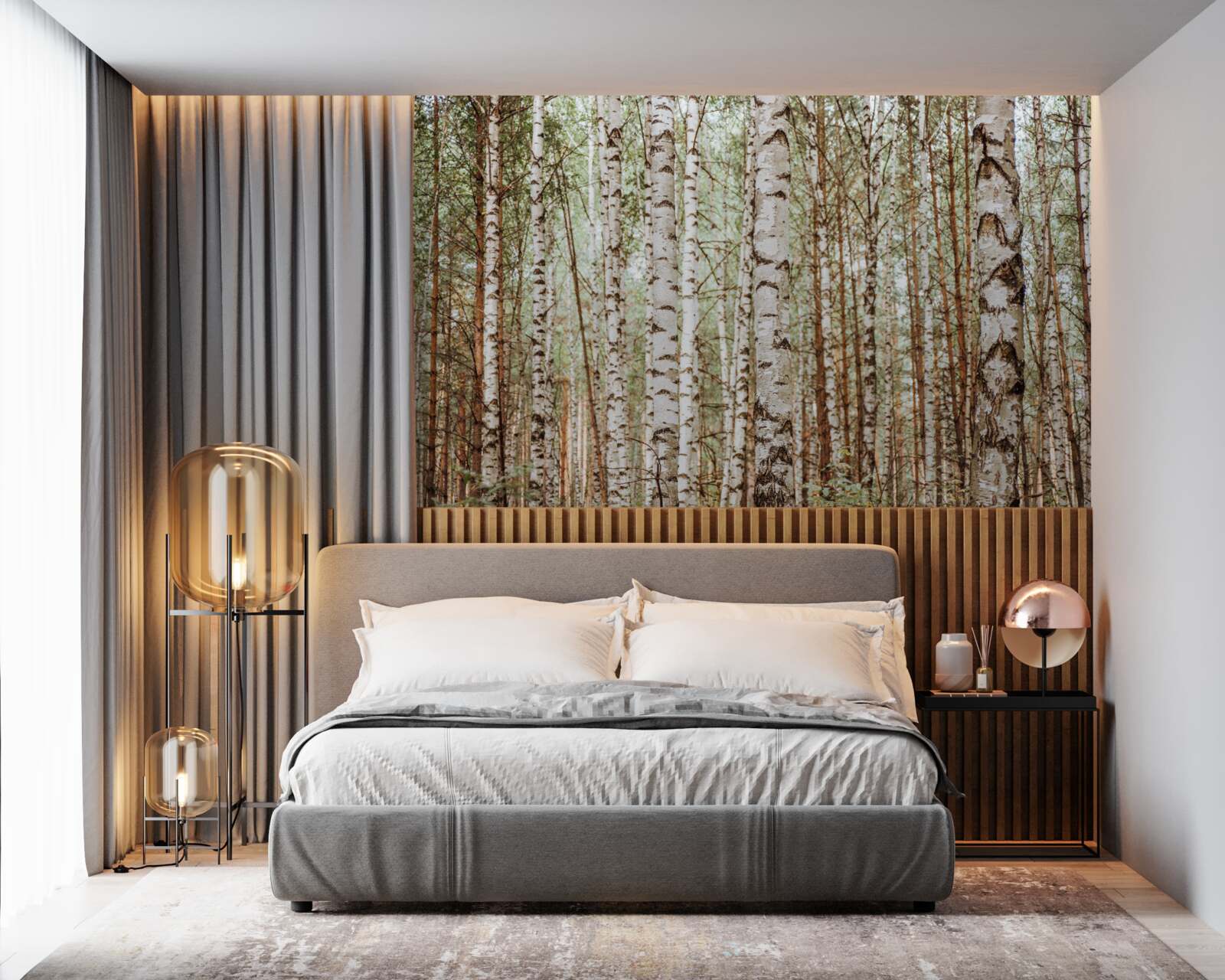 Fototapet mesteceni de sanie stau într-o pădure verde