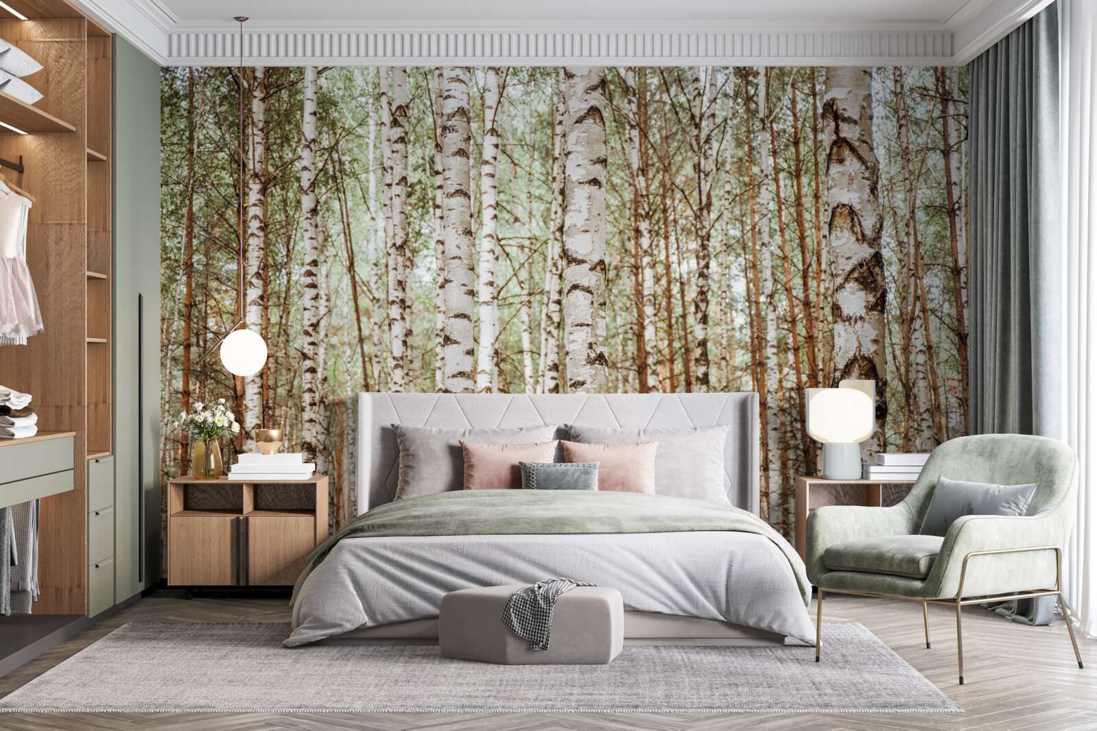 Fototapet mesteceni de sanie stau într-o pădure verde