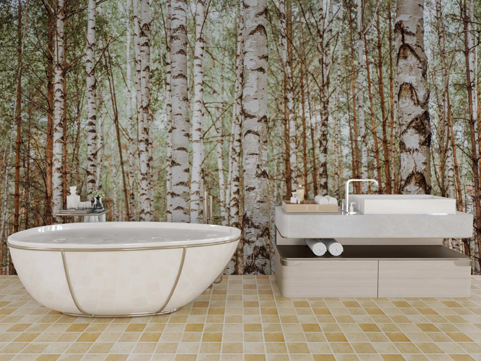 Fototapet mesteceni de sanie stau într-o pădure verde