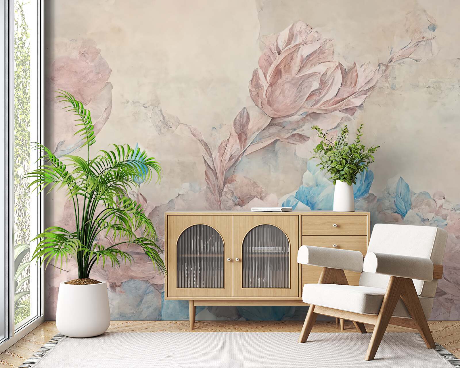 Fototapet flori roz cu petale albastre