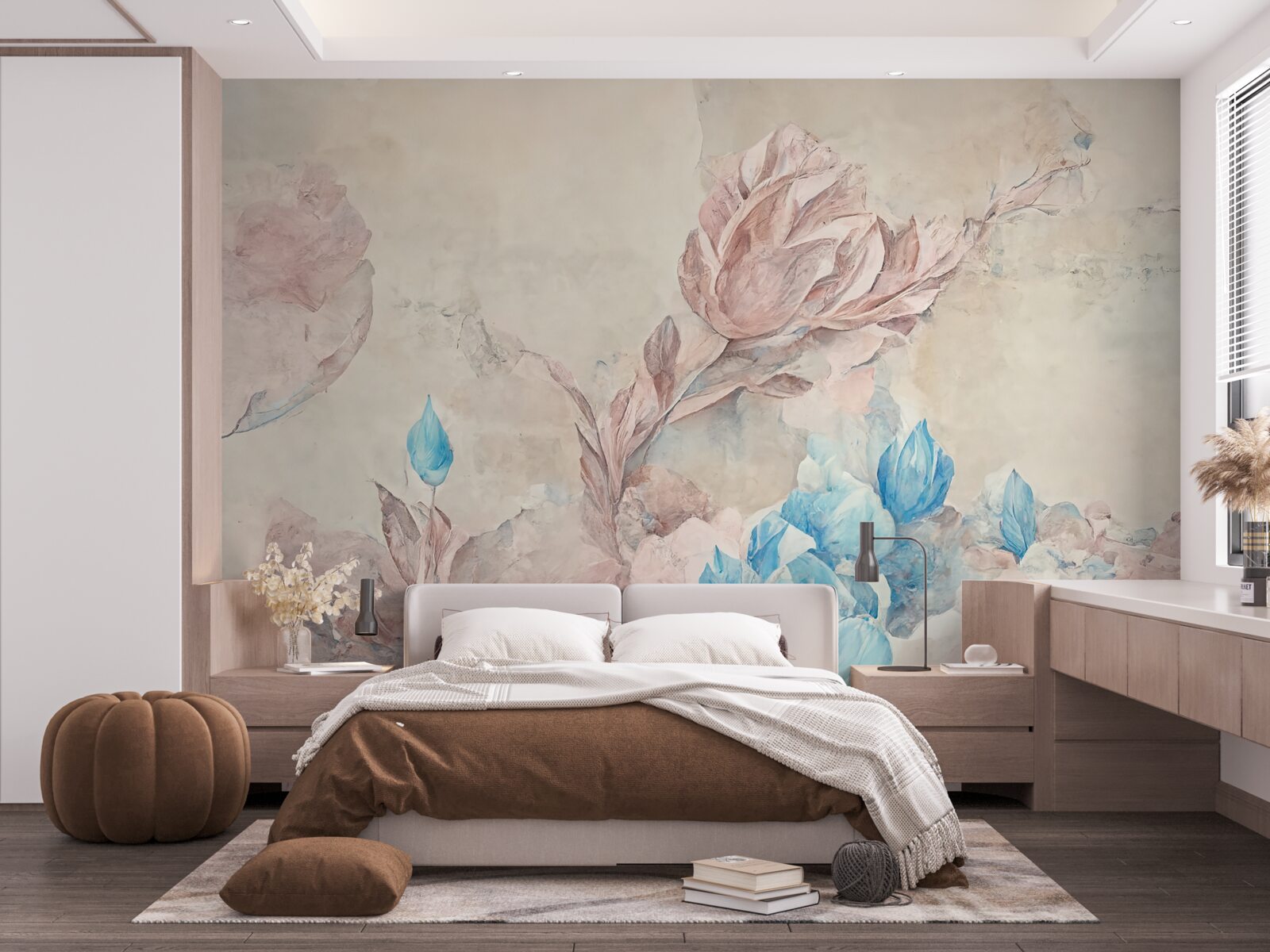 Fototapet flori roz cu petale albastre