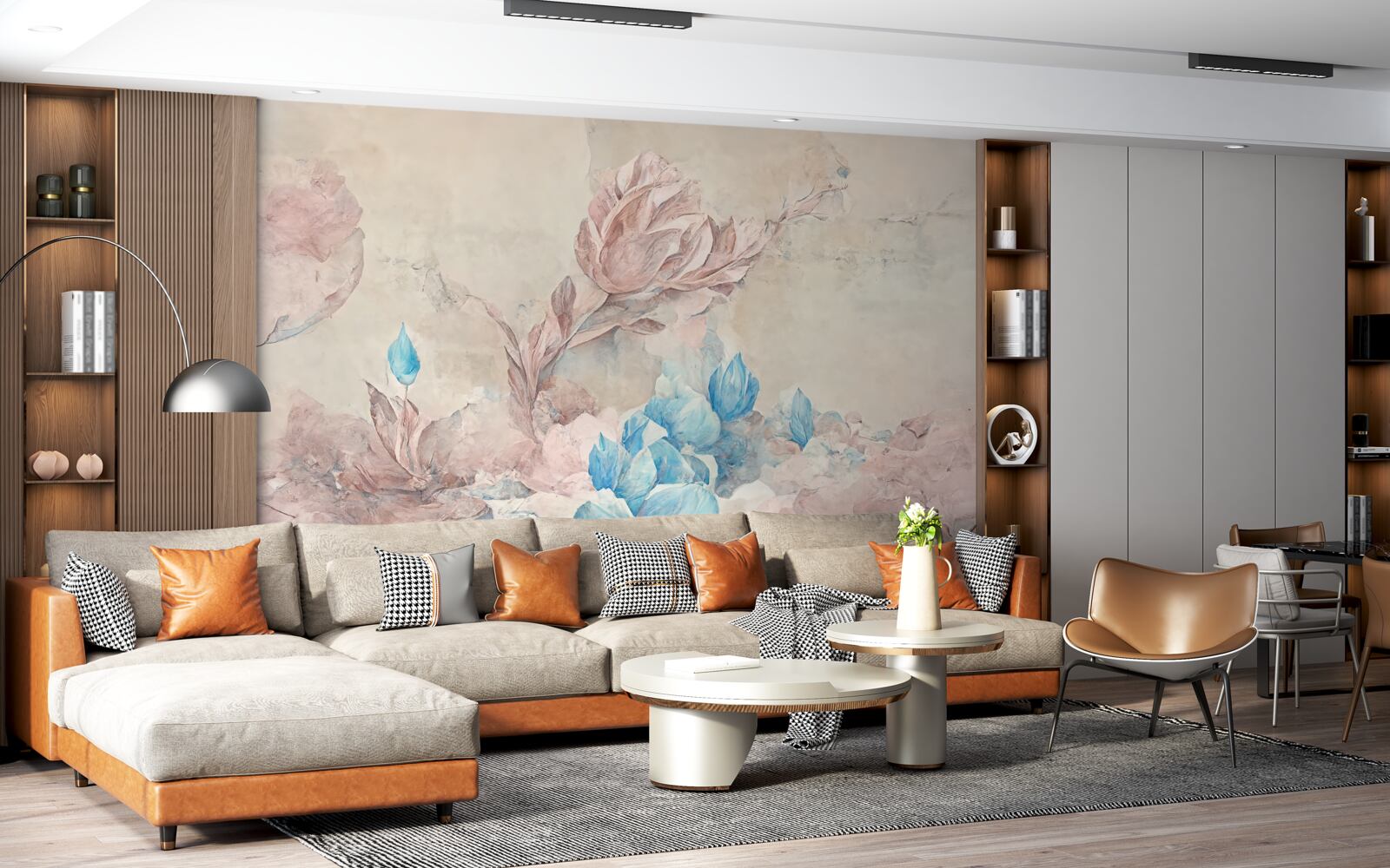 Fototapet flori roz cu petale albastre