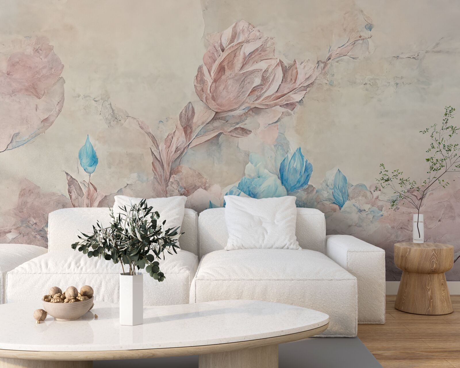 Fototapet flori roz cu petale albastre