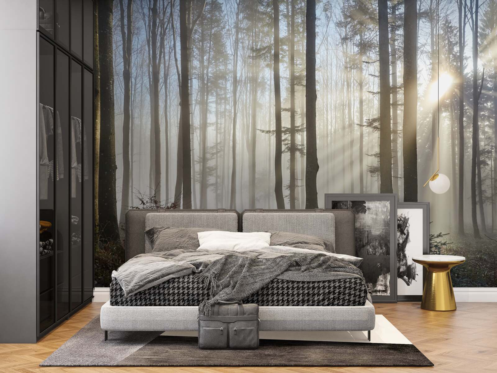 Fototapet razele soarelui străpung ceața într-un tufiș de copaci