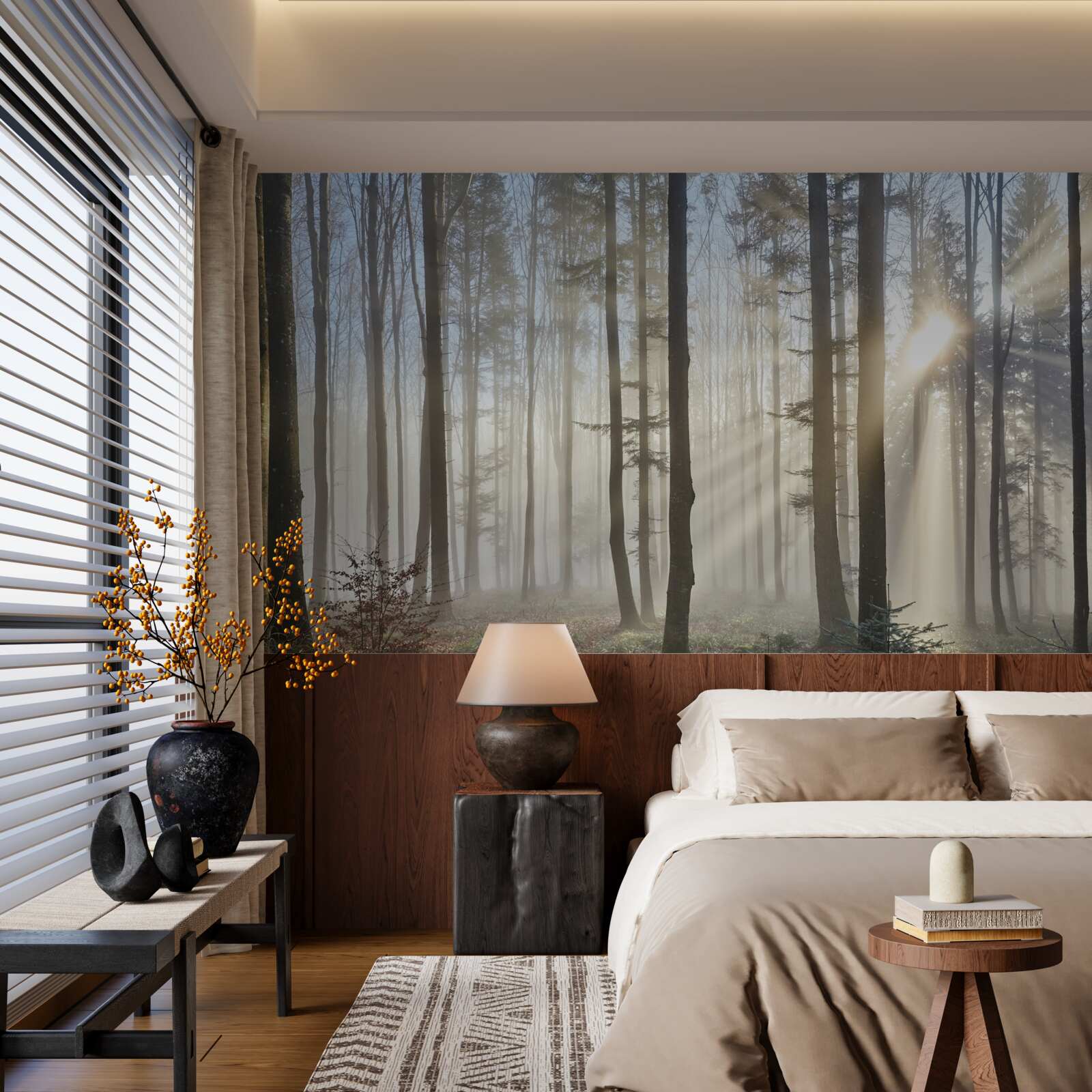 Fototapet razele soarelui străpung ceața într-un tufiș de copaci